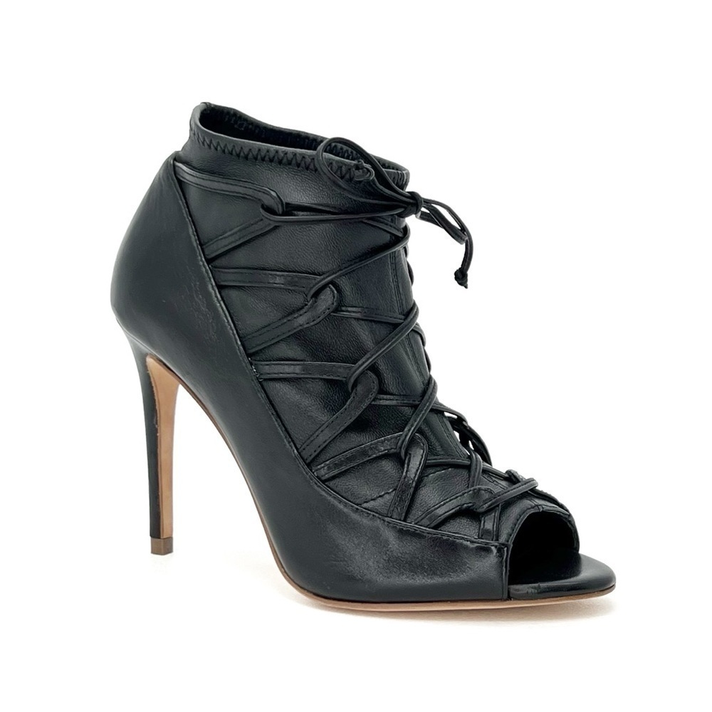 Elie Tahari Orin Heeled Booties Size 6.5 Black Leather Peep Toe Laced Euc